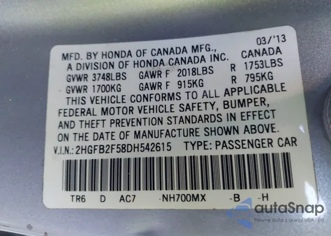 2013 Honda Civic Lx from USA, damaged, VIN 2HGFB2F58DH542615